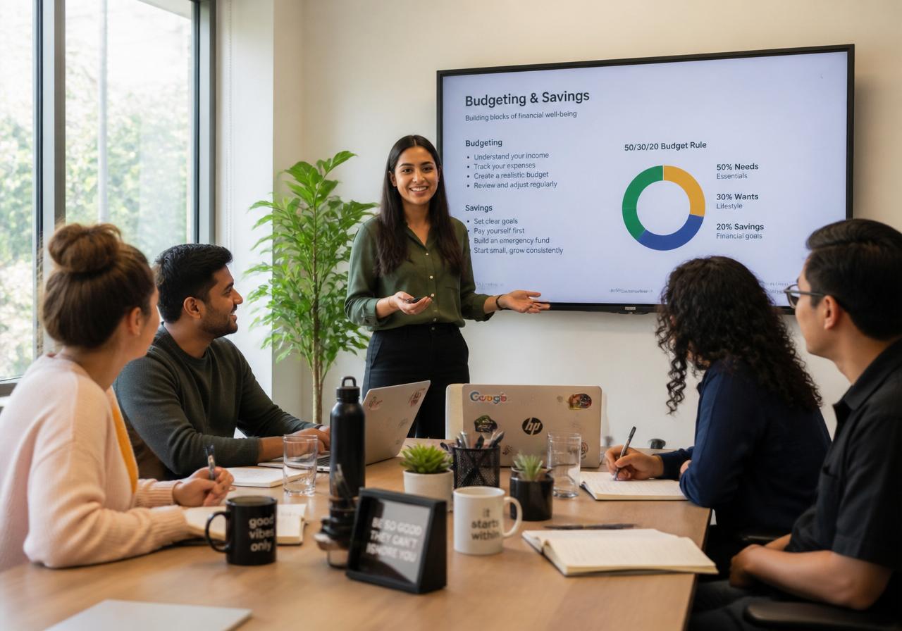 A facilitator leading a financial wellbeing workshop for a startup team