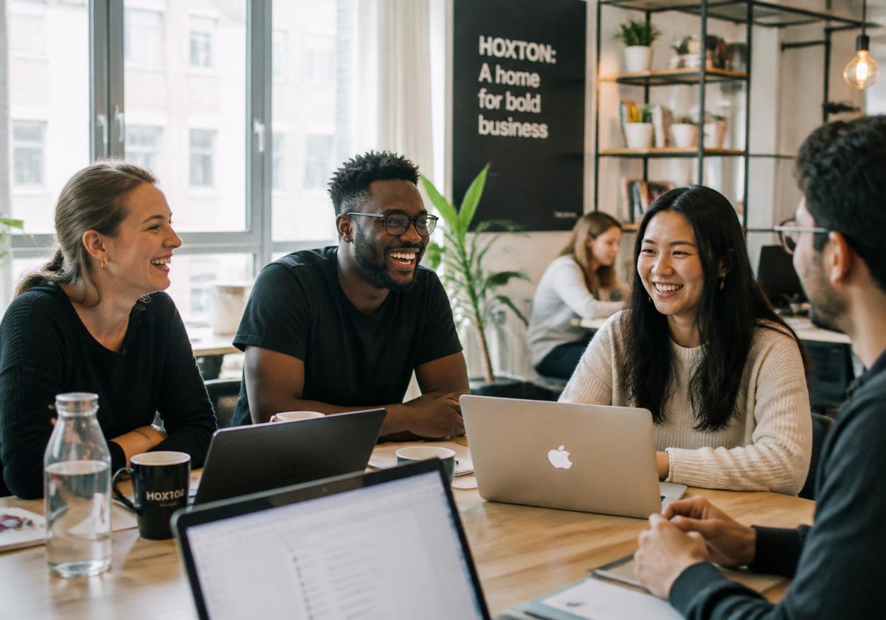 A diverse startup team collaborating in a modern office